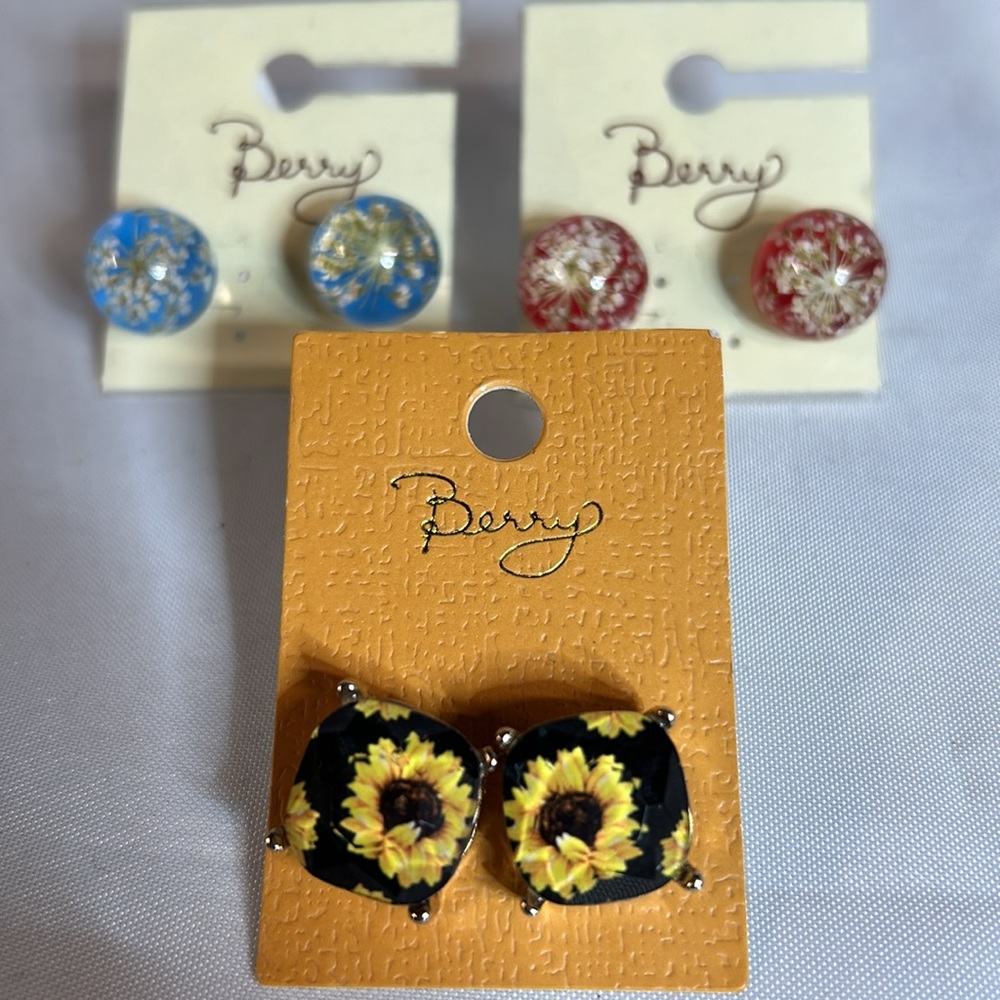 Berry Glass Stud Earrings. 3 Pair. Sunflower, Blue, Rose.  NWT